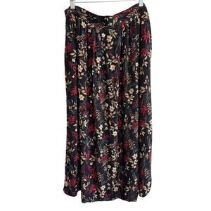 Sag Harbor Women Black Floral Midi Skirt Large Pockets Elastic Waist Boho Rayon